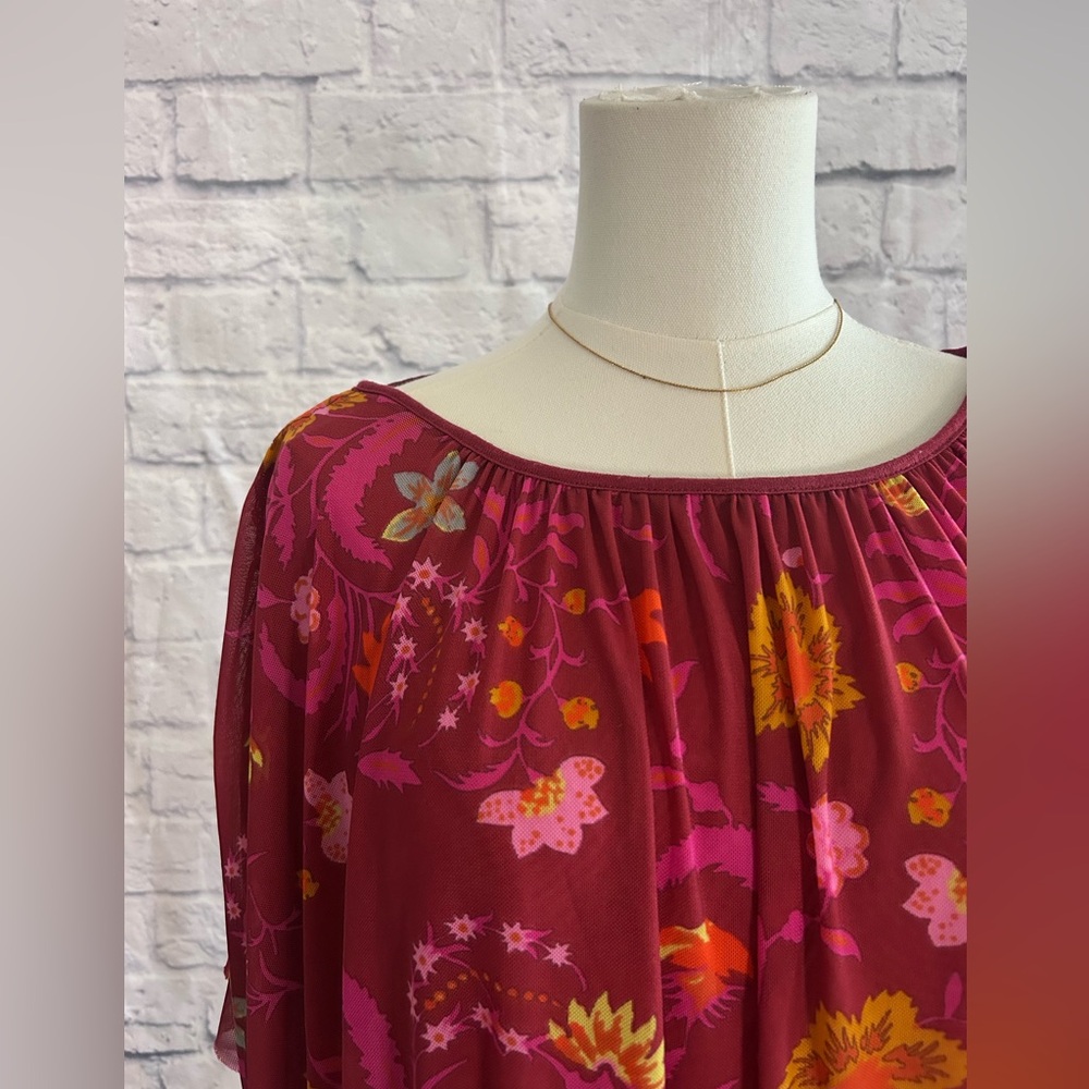 Free People Blouse Peasant Boho Bohemian Floral Raspberry Pink Long Sleeve - Picture 5 of 10